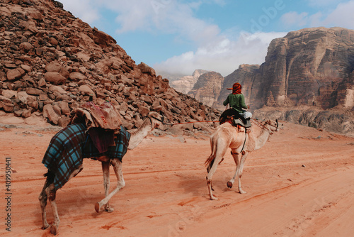 Back view of traveler sitting on camel and riding along sandstone valley with rocks in Wadi Rum photo