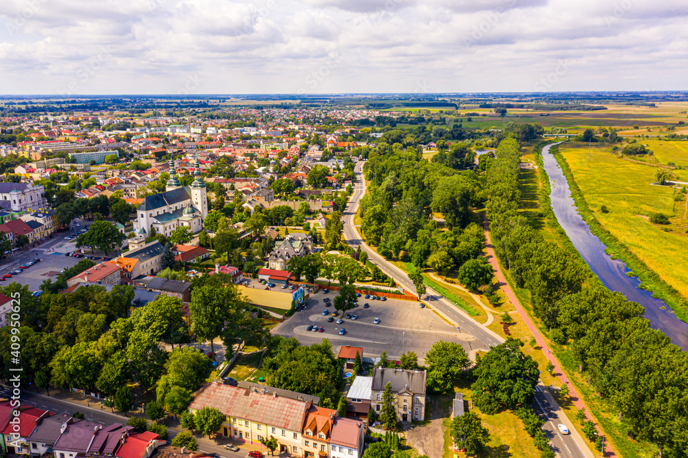 Landscape of the old town from the air with the visible. View on historic buildings on the market. Lowicz, Poland Aerial