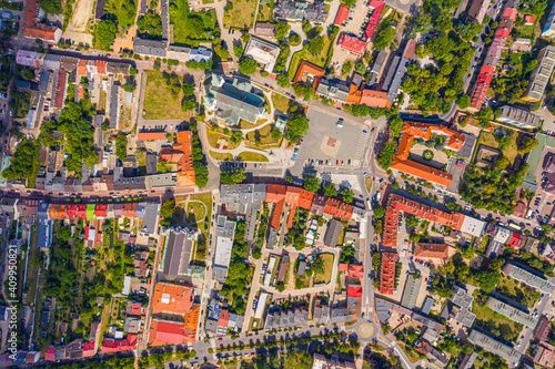 Landscape of the old town from the air with the visible. View on historic buildings on the market. Lowicz  Poland Aerial