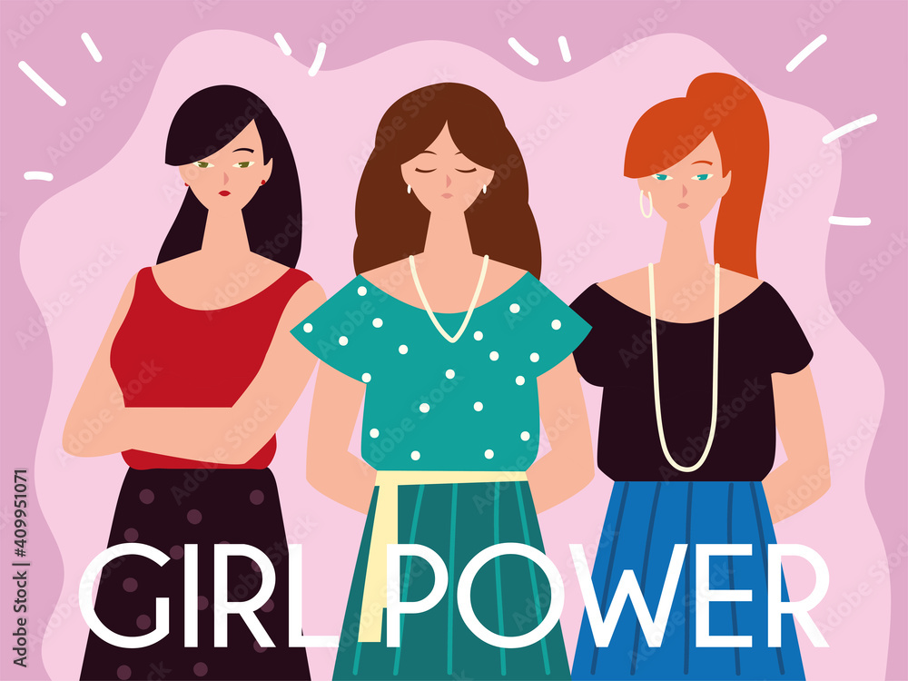 young women girl power character and lettering style young women girl power character and lettering style