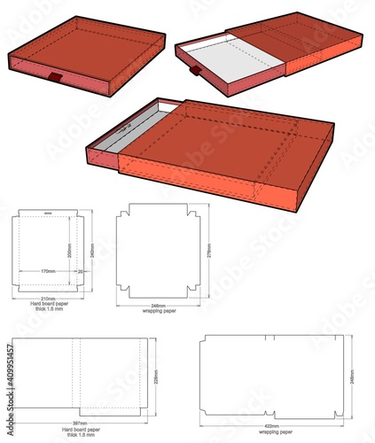 Rigid Box Drawer hard board paper thicknes 2mm (Internal measurement 17x20x2 cm) and Die-cut Pattern. The .eps file is full scale and fully functional. Prepared for real cardboard production.
