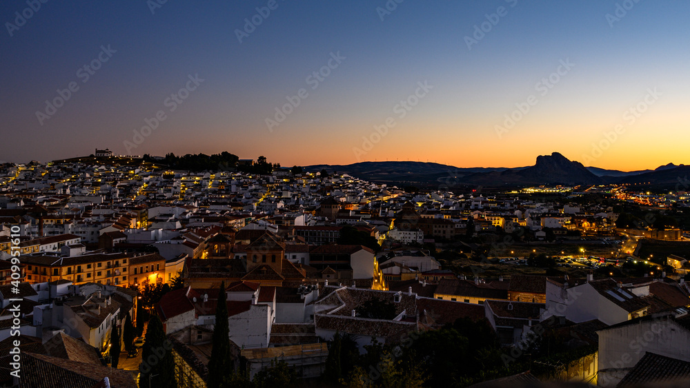 Sunrise in Antequera, Malaga. Views of roof landscape in Andalusia.