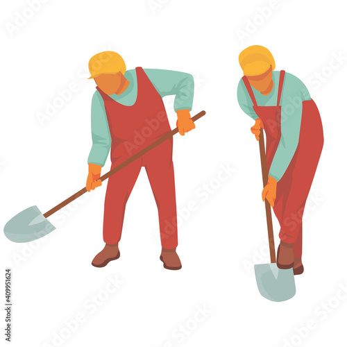  man in uniform digs from two foreshortening: front and side. builder in a yellow cap. farmer in overalls. vector flat. isolated. Man works on a farm or construction site with equipment