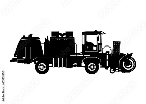 Snow blower silhouette. Truck mounted high speed snow blower. Side view. Flat vector.