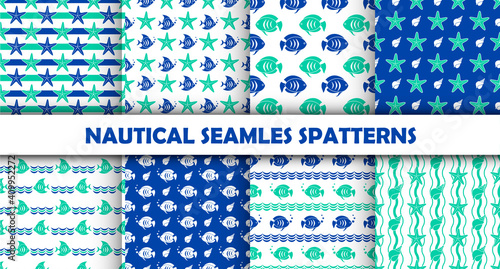 Set of sea and nautical seamless patterns. Vector illustration