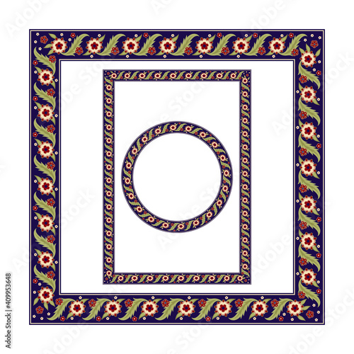 Frames of various shapes with whimsical flowers. Central Asian, Near East style. Pattern brush with a corner element included.
