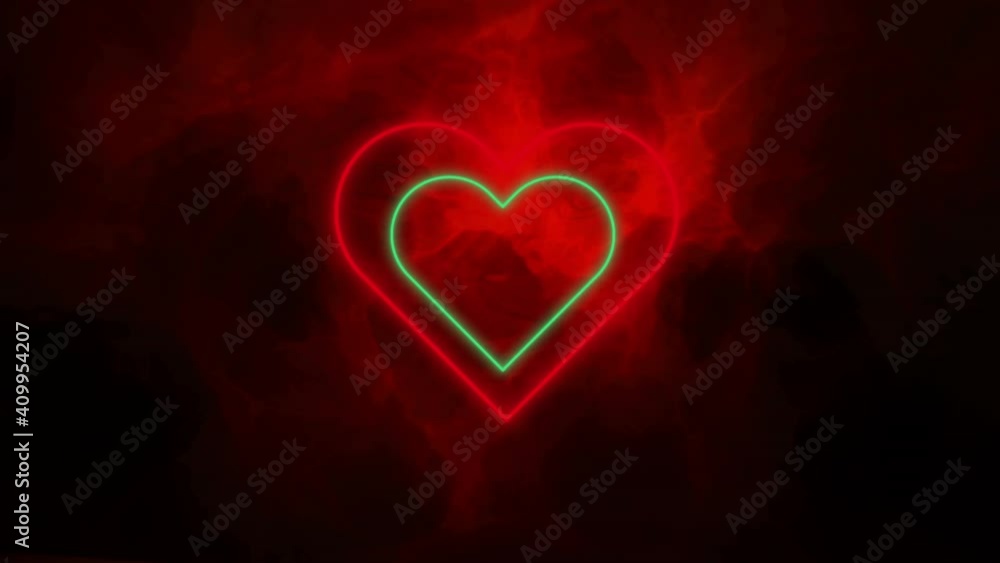 Animation of green and red concentric neon hearts flashing on black with red smoke Animation of green and red concentric neon hearts flashing on black with red smoke