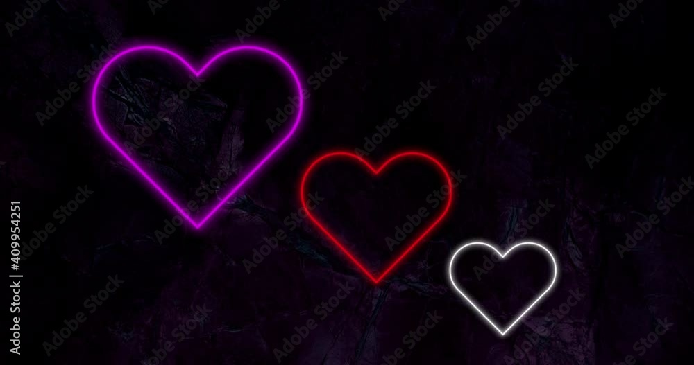 Animation of pink red and white neon hearts flashing on black background Animation of pink red and white neon hearts flashing on black background