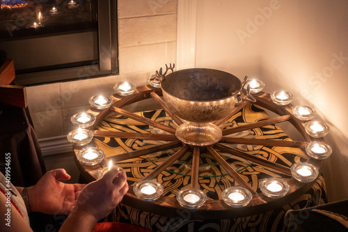 Slika na platnu Imbolc Altar with Goddess Brigid Candle Wheel