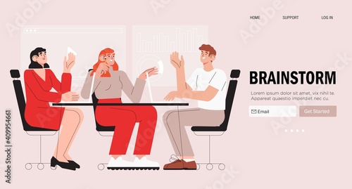 Business meeting or conference. Team members, employees or partners discussing project or planning company strategy. Manager discussing opportunities and potential. Brainstorming and teamwork concept.