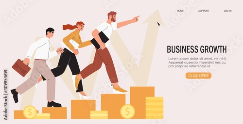 Business team walking success ladder or steps banner, web page. High potential and company developement, growth. Concept of business success, leadership, innovation. Characters follow growing arrow.