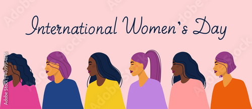 Happy women's day concept greeting card template with different ethnicity women. Colorful flat vector illustration for banner, card, postcard, invitation, flyer.