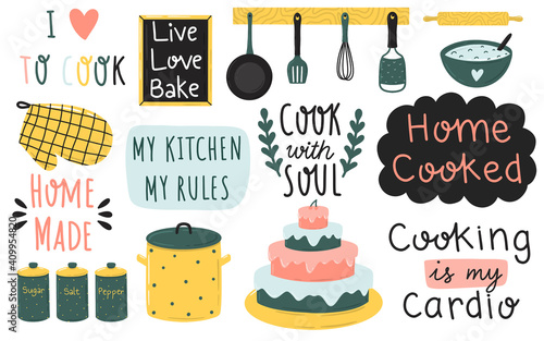 Collection of cooking related phrases and doodle drawings isolated on white background. Hand drawn vector elements for print and design.