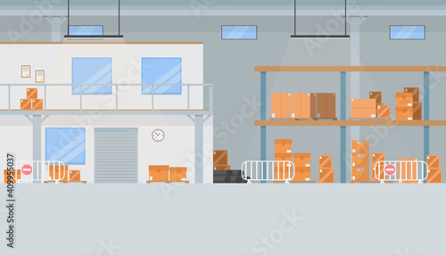 Warehouse for storing boxes. Logistics warehouse. Vector illustration.