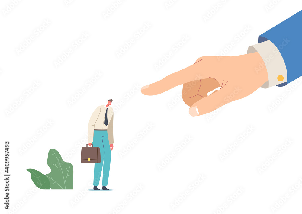 Confused Businessman Scapegoat is Blamed with Huge Hand Pointing on him with Finger. Business Man Workplace, Job Burden Confused Businessman Scapegoat is Blamed with Huge Hand Pointing on him with Finger. Business Man Workplace, Job Burden