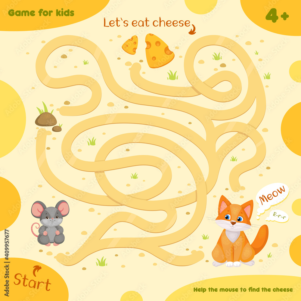 Maze with mouse and cat. Game for kids 45 years old. Help the mouse to find the cheese. Stock