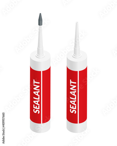 Isometric vector illustration silicone sealant packaging container tube with nozzle isolated on white background. Realistic silicone sealant tube icon in flat cartoon style. Building materials.
