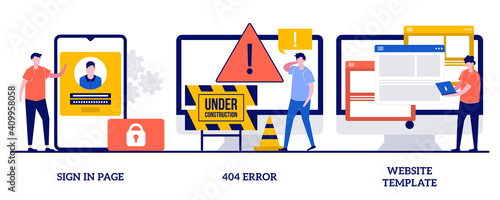 Sign in page, 404 error, website template concept with tiny people. Web page interface abstract vector illustration set. User login form, UI, new account registration, landing page metaphor