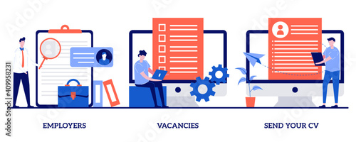 Employers, vacancies, send your CV concept with tiny people. Apply for a job abstract vector illustration set. Hiring, hr service, start your career, company corporate website, headhunting metaphor