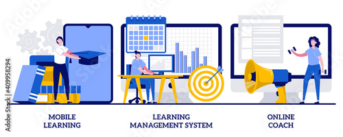 Mobile learning application, online coach concept with tiny people. Learning management system abstract vector illustration set. Training course, tutor program classroom access metaphor
