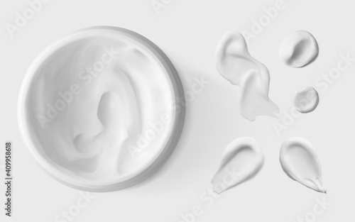 Open cream in jar and moisturizer smear isolated realistic vector illustration, above. Beauty facial cosmetic product texture top view. Body care lotion
