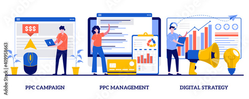 PPC campaign management, digital strategy concept with tiny people. Digital marketing plan vector illustration set. Pay-per-click, internet marketing tools, online ad, targeted promotion metaphor