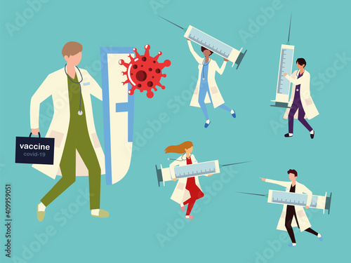 doctors fighting with coronavirus using vaccine injection