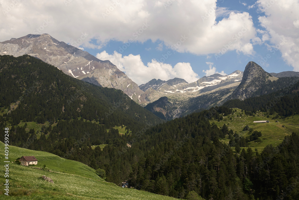 Breathtaking view of green mountain range covered with forests and located in Barrosa cirque Breathtaking view of green mountain range covered with forests and located in Barrosa cirque