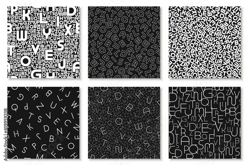 Set of vector alphabet patterns, covers, cards. Stylish black and white backgrounds with latin letters. Fashion monochrome print