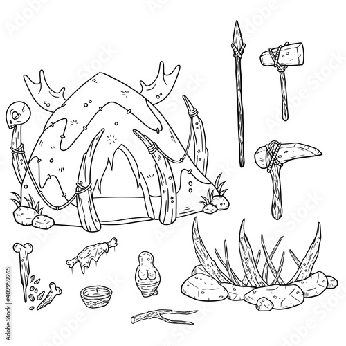 Set of primitive man items. Hut made of skins and bones, club, stone hammer and axe, spear for hunting. Mammoth trap. Drawn Sketch cartoon illustration