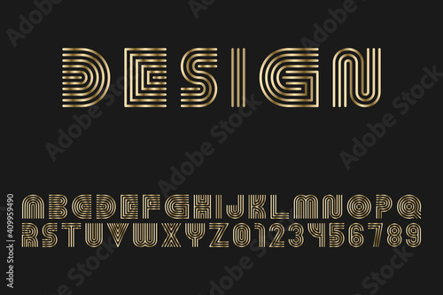 Luxury gold striped font - vector design. English alphabet - creative linear latin letters and numerals