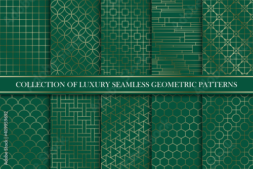 Art deco gold seamless ornamental patterns - geometric rich design. Tile oriental luxury backgrounds