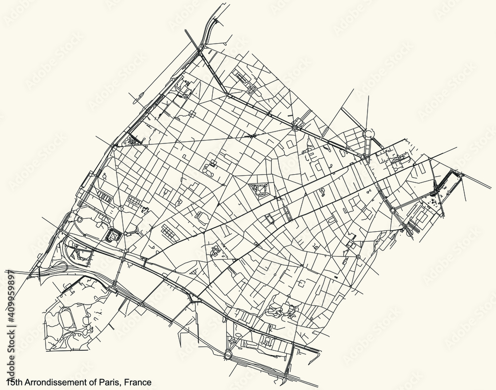 Black simple detailed street roads map on vintage beige background of the neighbourhood quinzième, 15th arrondissement of Paris, France
