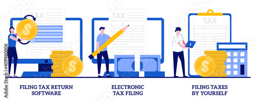 Filing tax return software, electronic tax filing, filing taxes by yourself concept with tiny people. Financial statement vector illustration set. Income reporting, revenue declaration metaphor