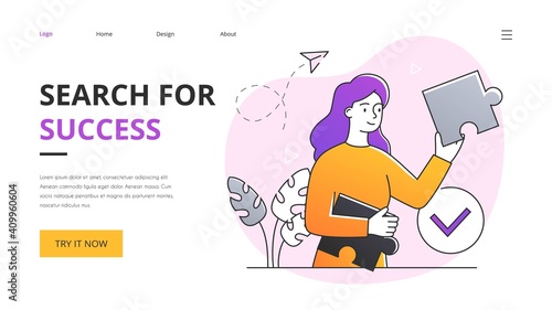 Search for success abstract concept. Outline minimal style cartoon vector illustration with fictional character. Website, webpage, landing page template.