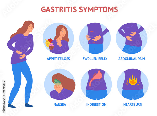 Cartoon Color Character Person Woman and Gastritis Symptoms Concept. Vector