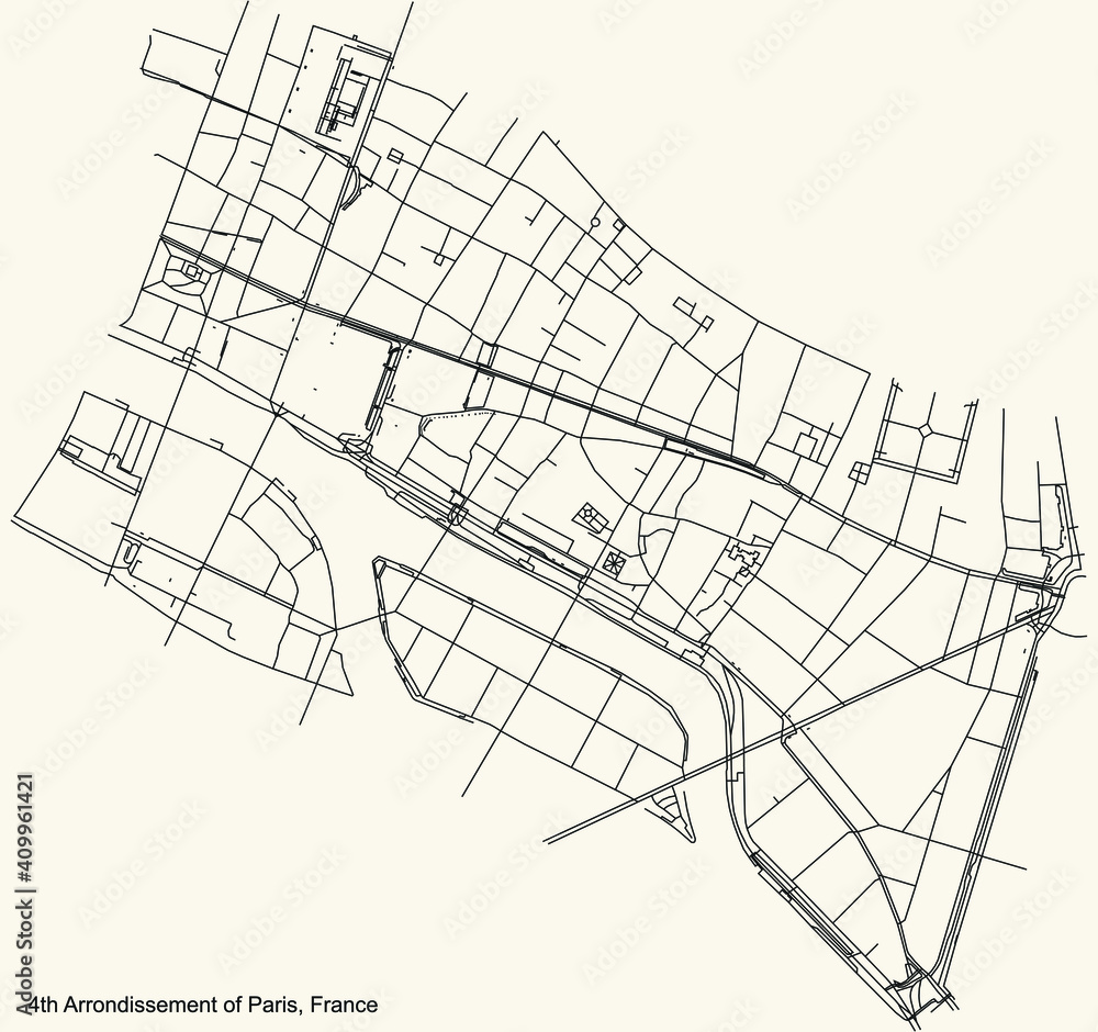 Black simple detailed street roads map on vintage beige background of the neighbourhood quatrième, 4th arrondissement of Paris, France