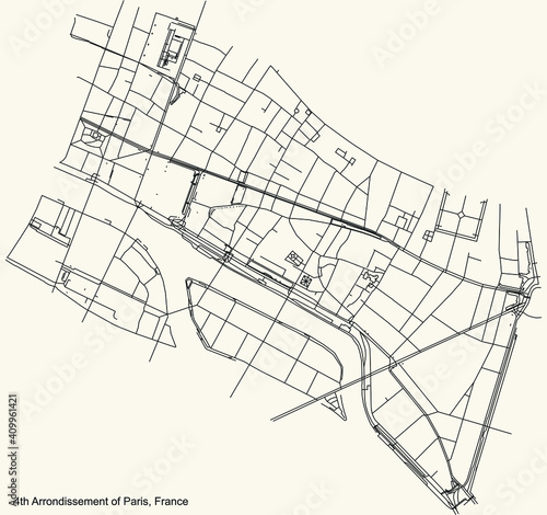 Black simple detailed street roads map on vintage beige background of the neighbourhood quatrième, 4th arrondissement of Paris, France