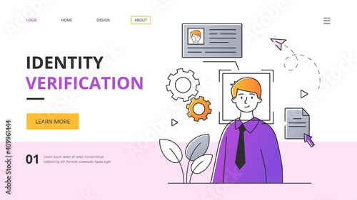 Identity verification concept. Outline minimal style flat cartoon vector illustration with fictional character. Website, webpage, landing page template