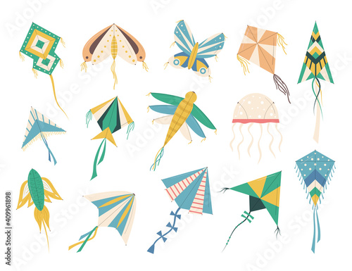 Cartoon Color Flying Kites Icons Set. Vector