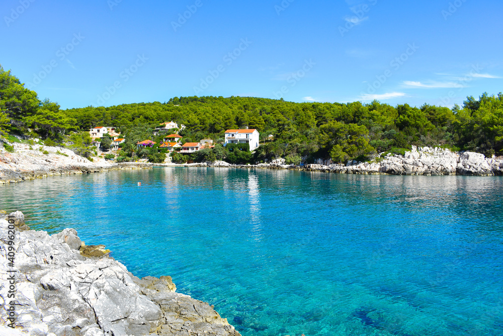Beautiful Adriatic sea in Croatia Hvar, nice calm tranquil bay,green pine.Blue, transparent,turquoise water, sunny weather. Mudri Dolac, Basina bay