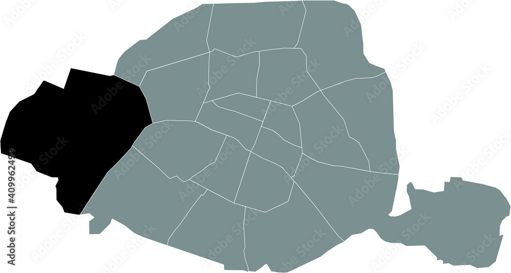 Naklejka premium Black location map of Parisian seizième, 16th arrondissement inside gray map of Paris, France