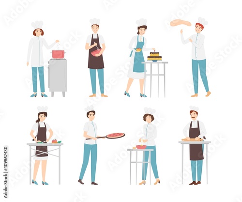 Cartoon Color Characters People Professional Cooking Set Concept. Vector