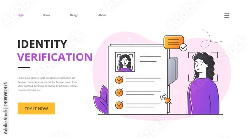 Identity verification abstract concept. Outline minimal style flat cartoon vector illustration with fictional female character. Website, webpage, landing page template