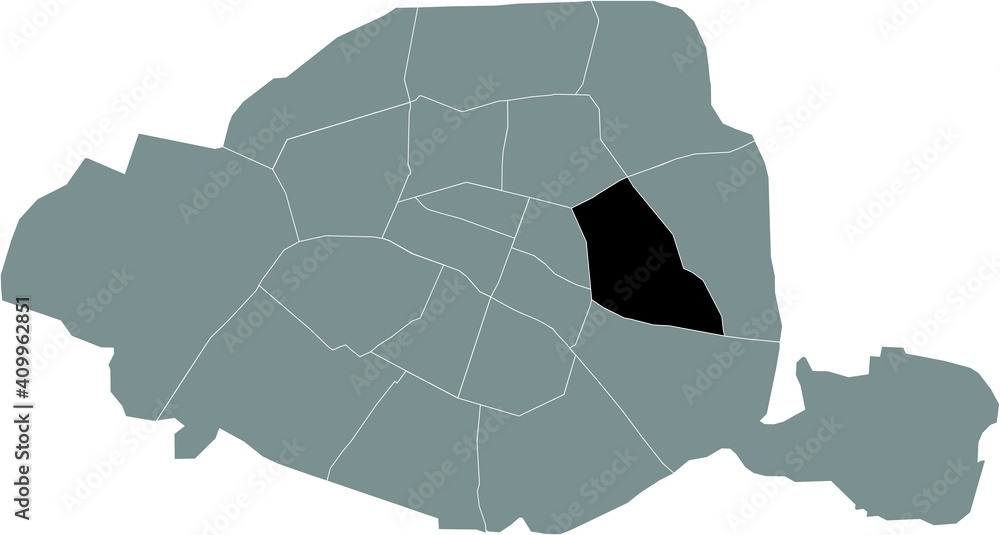 Naklejka premium Black location map of Parisian onzième, 11th arrondissement inside gray map of Paris, France