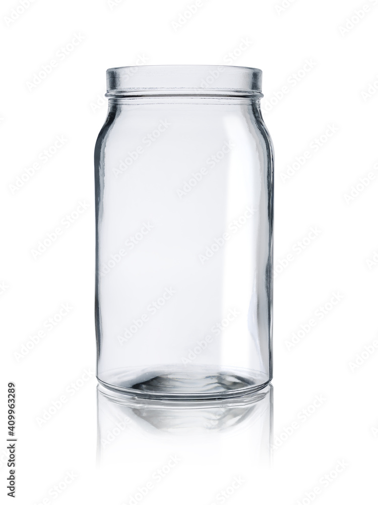 Empty glass jar without a lid. Isolated on a white background with reflection