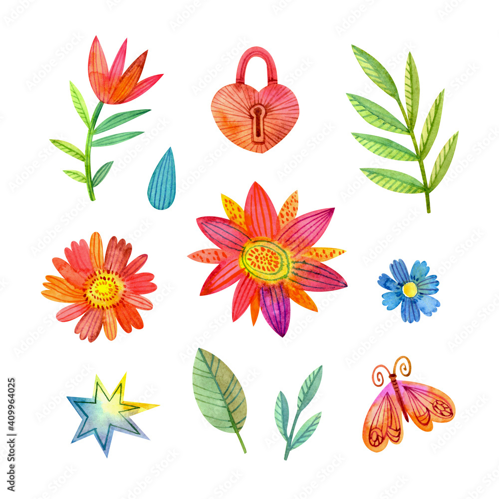 Set of watercolor elements isolated on white background (stylized watercolor flowers, leaves, butterfly, star, lock)