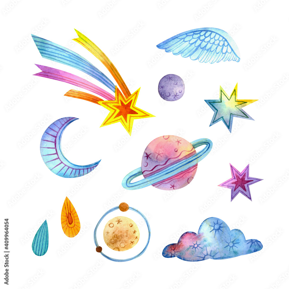 Obraz premium Set of watercolor elements isolated on white background (stylized watercolor planets, shooting star, cloud, stars, drops, moon)