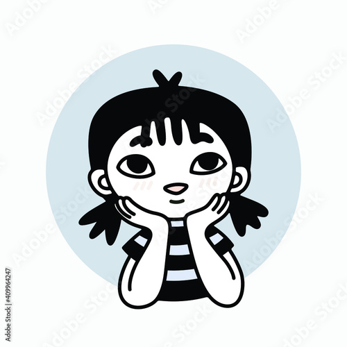 simple cartoon illustration portrait of a cute young girl patiently waiting and hoping