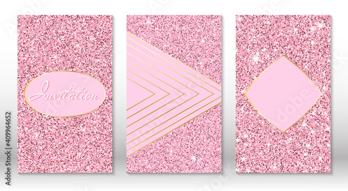 Chic sparkle pink gold invitation cards. Rose gold sequins. Golden glitter texture.